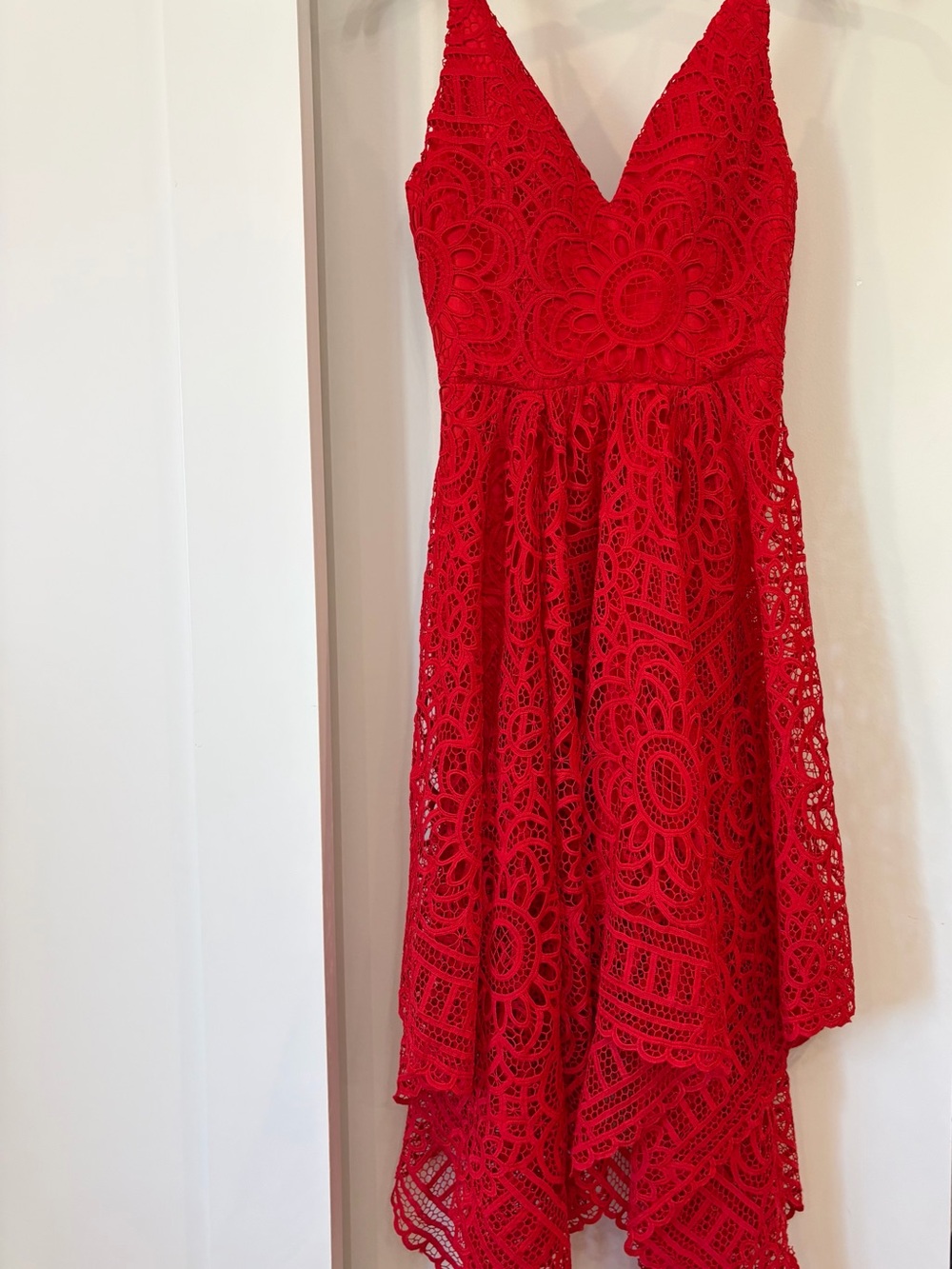 Red Lace V-Neck Asymmetric Hem Women's Dress